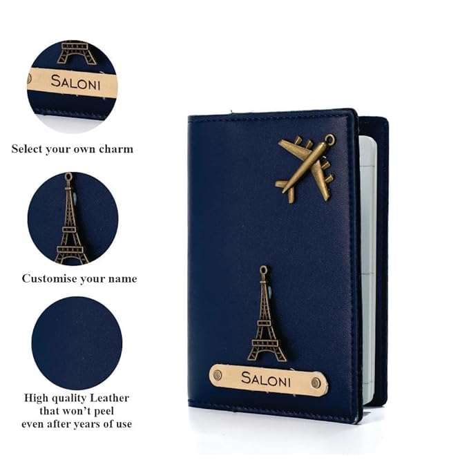 Image of Personalized Passport Cover with Name & Charm, Tan Travel Passport Holder for Men & Women, Premium Leatherette Case for Documents & Cards (Navy Blue)