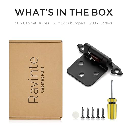 Ravinte 50 Pack 25 Pairs 1/2" Overlay Cabinet Door Hinges Kitchen Black Semi-Concealed Hinges Face Mount Self-Closing Cabinet Hardware with Bumpers & Screwdriver - Image 5