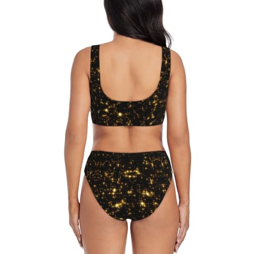 PQruop Ensemble de maillot de bain bikini croisé sur le devant pour femme avec imprimé noir doré, bikini à col bas, Noir , XL – vue 4