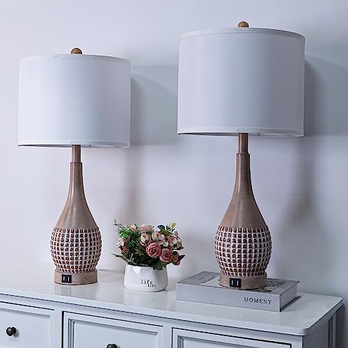 Rottogoon Set Of 2 Table Lamp With Usb Port, 3 Color Temperature Rustic Table Lamp For Living Room, 26.5" Farmhouse Tall Table Lamp For Bedroom, Resin Nightstand Bedside Lamp With 2 Led Bulbs, 9W #TOP1