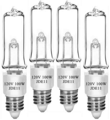 Lachesan JDE11 120V 100W T4 Mini Candelabra BaseReplacement E11 Led Bulb 2700K Clear Dimmable JD E11 Halogen Light Bulbs for Chandeliers Ceiling Fan Table Lamps Cabinet Lighting 4 Pack