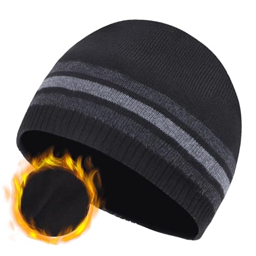 Bonnet surdimensionné XXL pour hommes pour grandes têtes de 59,9 à 65 cm, grande casquette d'hiver en tricot chaud avec tête de mort côtelée, Noir à rayures, XXL