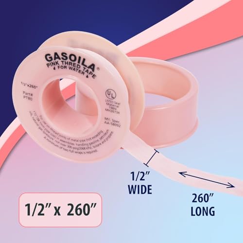 Image of Gasoila Pink PTFE Thread Seal Tape - Professional-Grade, 1 /2 Inch x 260 Inch, High-Density Thread Tape for Water Lines - Leak-Proof Seal, Non-Toxic (Pack of 24)