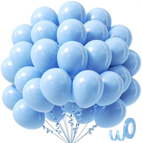 Image of Light Blue Balloons 12 inch, Pastel Blue Latex 50pcs Party Balloons | Graduation, Baby Shower, Gender Reveal, Wedding, Birthday Party Decorations