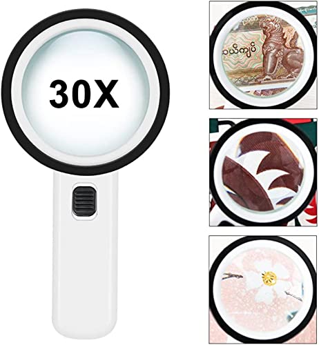 Lupa LED Lupa portátil 30X com lente de aumento de vidro duplo para leitura, solda, inspeção, moedas