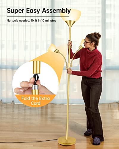 Gold Floor Lamps For Living Room, Bright Standing Lamp, 70.5" Tall Pole Lamp With 3 Lights, Modern Torchiere Tree Floor Lamp, Rotate Switch, 2700K Led Beads, 50,000Hrs Lifespan,Corner Lamp For Bedroom #TOP7