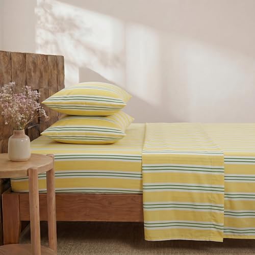 Image of Merryword 100% Cotton Sheet Set Queen Size, Yellow & Green Stripes Bedding, Soft Breathable Percale Weave, Modern Minimalist, Luxury Linen Like, Deep Pocket Fitted Sheet 17.5 inch
