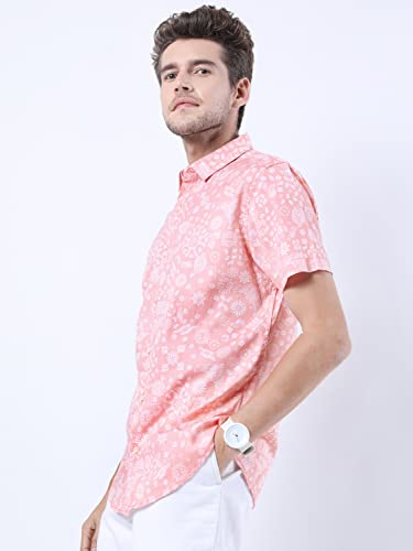Image of KETCH Mens Half Sleeve Slim Fit Shirt Coral /White