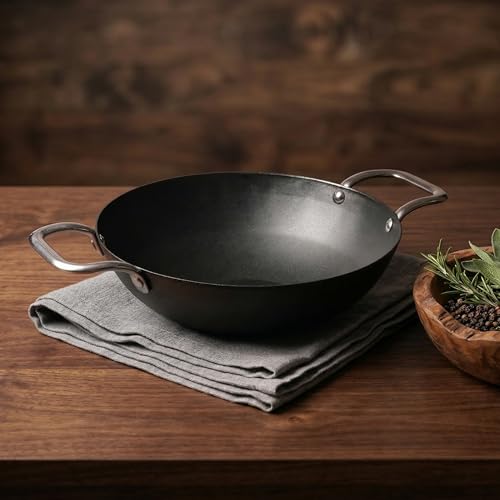 Image of Lifelong Carbon Steel (Iron) Kadhai 28cm | High Heat Stir Fry & Bhuna Kadhai with Stainless Steel Handle | Naturally Seasoned Non-Stick Surface | Induction & Gas Compatible | Lightweight Build