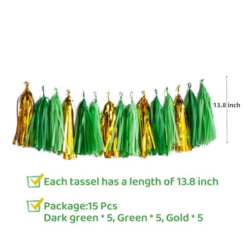 Image of Green and Gold Tassel Garland,Tissue Tassel Banner for Party Decorations,Pack of 15