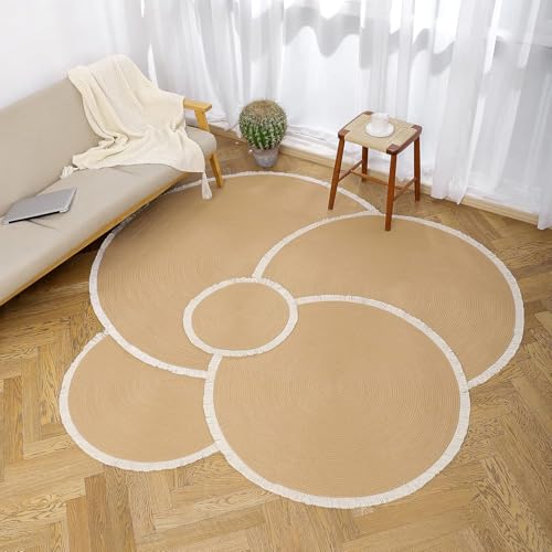 Image of Cotton Round Carpet 3x3 feet - Handmade Braided Boho Rug for Living Room, Bedroom & Balcony - Soft Washable Floor Mat, Color -Beige