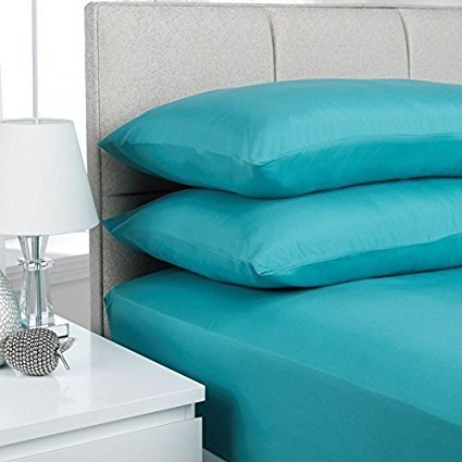 EGYPTO Non-Iron Percale Polycotton Fitted Sheet 16” Extra Deep with FREE Pillowcases (Super King Fitted Sheet & Pillowcase Pair, Teal)