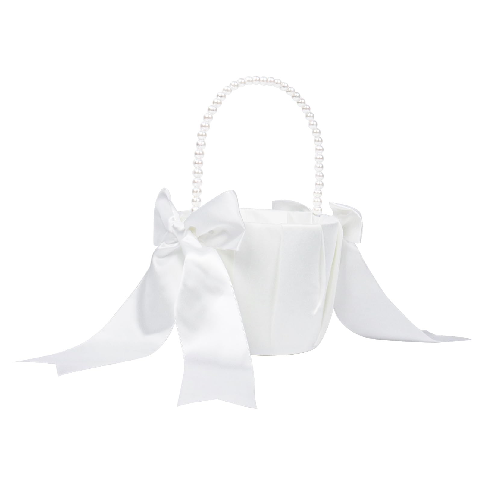 Ivory Flower Girl Basket with Pearl Handle, Satin Flower Basket for Flower Girls, Wedding Flower Basket for Wedding Ceremony Party