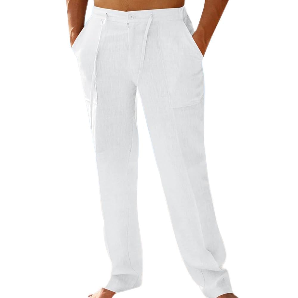 Calça masculina casual de linho - cintura elástica com cordão, ajuste solto e perna reta