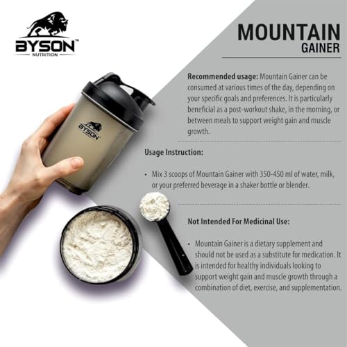 Image of Byson Nutrition Mountain Ultimate Mass Gainer | Premium Lean Gainer | High Calorie Drink | Bulk Weight Gain | 1116 Calories | 45g Protein | 3g Creatine | 900mg Glutamine (7lbs, Americano Cafe Mocha)