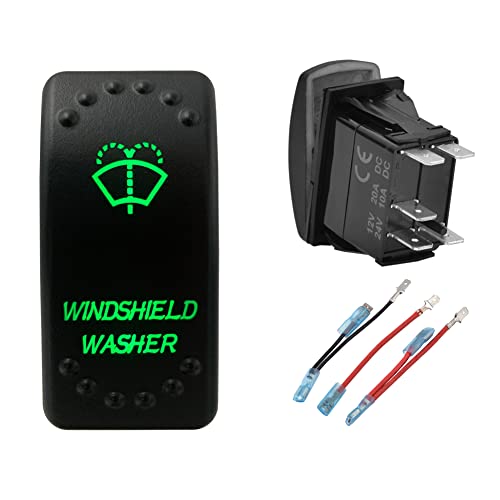 Image of Green Backlit Momentary Rocker Switch 5 Pin (ON)-Off Laser Etched Washer Switch with Wires for Car Marine Boat UTV 20A /12V 10A /24V (Windshield Washer)
