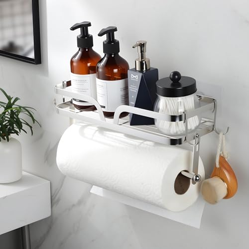 Image of Taozun Paper Towel Holder with Shelf, Kitchen Paper Holder Wall Mount Spice Rack Paper Towel Roll Holder with 4 Hooks (2 Installation Methods - Self-Adhesive and Drilling), Silver