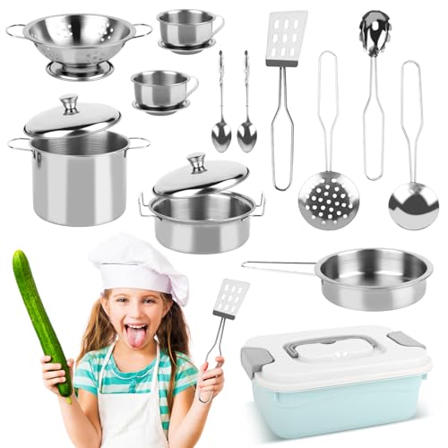 Set de Juguetes de Cocina para Niños Accesorios, 17 Piezas Accesorios Cocina Juguetes Acero Inoxidable, Juguetes de Chef para Niños, Mini Cocina de Juguete con Utensilios, Juego de Roles