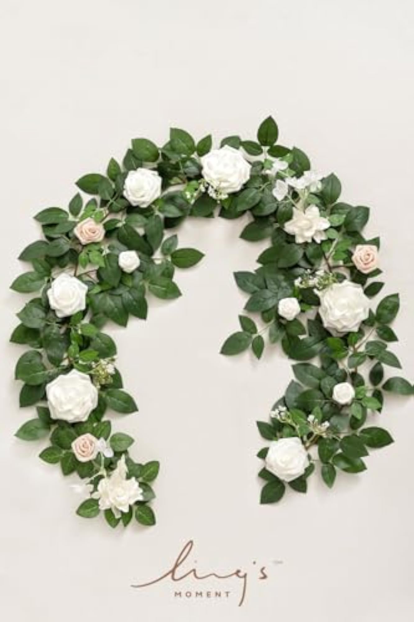 Ling's 5FT White Artificial Flower Garland with Green Leaves