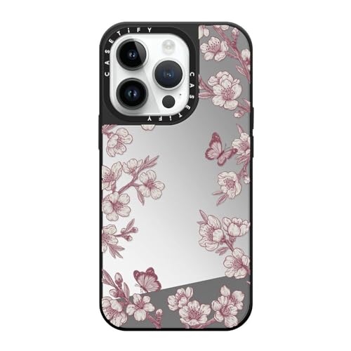 CASETiFY Magsafe �Ή��~���[ iPhone 14 Pro �P�[�X [���ː� / 1.5m����̗����������N���A / Magsafe �ɑΉ�] - Pink Sakura Garden - �V���o�[ (�u���b�N�o���p�[)