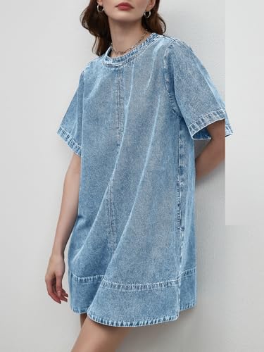 Image of LifeShe Denim Dress for Women Summer Casual Short Sleeve Chambray Mini Jean Dresses with Pockets
