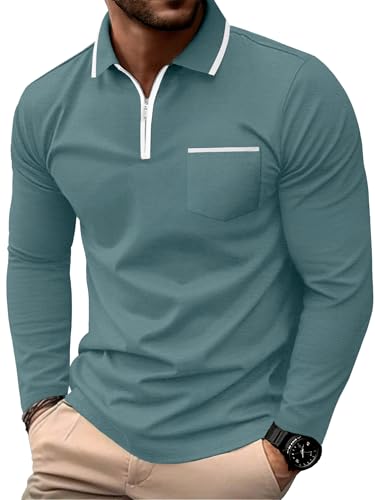 Askdeer Men's Polo Shirts Zip Long Sleeve Classic T-Shirts Casual Golf Shirts Stylish Collared Tee