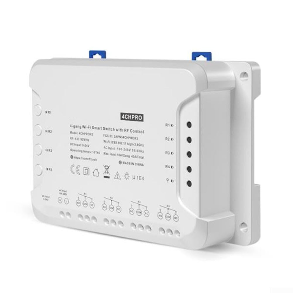 Interruptor inteligente Wi-Fi 4CH PRO R3/4CH R3, módulo de relé de 4 vías con modos de autobloqueo/enclavamiento/pulgadas, control de voz para hogar inteligente, CA 100-240V, blanco (para Sonoff 4CH