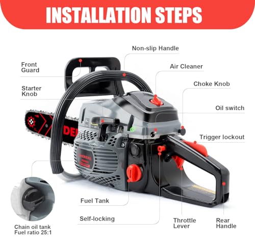 Gas Chainsaw 20 Inch 6220G Gas Powered Chainsaw, 62 CC 2.95 HP, 2-Stroke Engine with High Performance for Wood Cutting and Tree Trimming