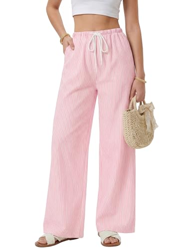 LYANER Women's Low Rise Striped Pants Wide Leg Cotton Elastic Drawstring Pajama Lounge Wear Sleepwea Pink Medium