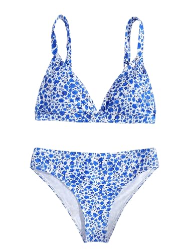 OYOANGLE Girl's 2 Piece Floral Print Beach Swimsuit V Neck Spaghetti Strap Triangle Low Waist Bathing Suit