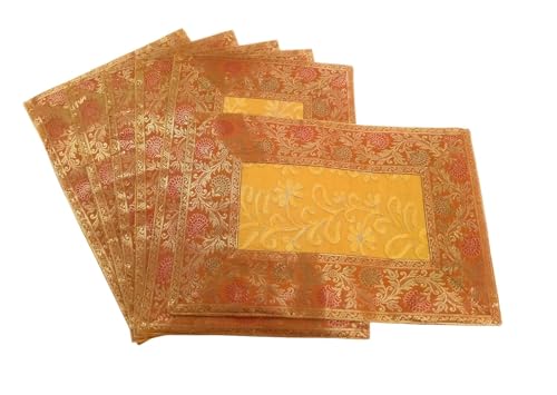 Image of Brocade Silk Placemats for Dinning Table 12 x 18 Inches Hand Embroidered, Set of 6 Decorative Placemats for Home (Yellow Gold)