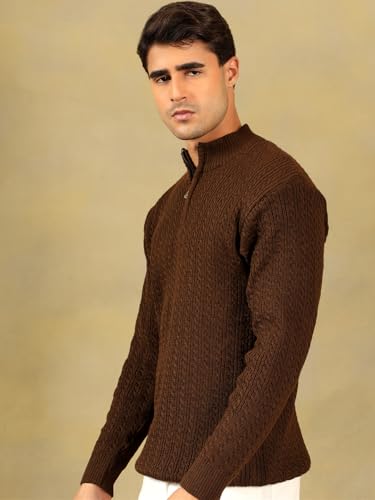 Image of Kvetoo Men's Full Sleeve High Neck Zipper Sweater| Warm Cable Knit Quarter Zip Pullover | Wool Winter Sweater for Casual & Office Wear