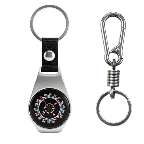 Pomarks Kompass-Schlüsselanhänger Rucksackschnalle Metall-Silber-Finish schwarzes Nylonband Outdoor-Navigationswerkzeug für Wandern und Camping
