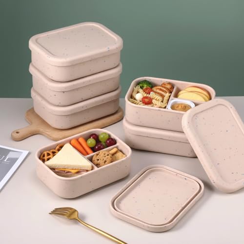 Image of Honeydak 6 Pcs Silicone Bento Box, 3 Compartment Lunch Food Container for Women Men, Leak Proof Microwave Easy to Clean Dishwasher Freezer Safe (Beige)