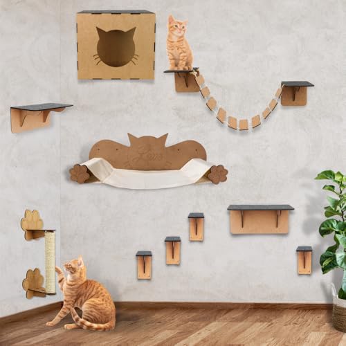 BOXFAN Playground para Gato Kit 10 Peças Ponte Prateleiras Degraus Caixa Nicho Arranhador Sisal Rede de Descanso Pet