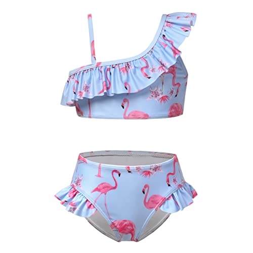 Image of QPANCY Girls One Shoulder Swimsuits Kids Two Piece Bathing Suits Ruffle Beach Swimwear
