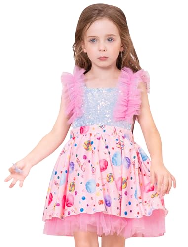 OBEEII Kids Girls Birthday Party Dress Sleeveless Princess Tulle Tutu Dress Strawberry/Donut/Candy/Easter Day Dress Outift