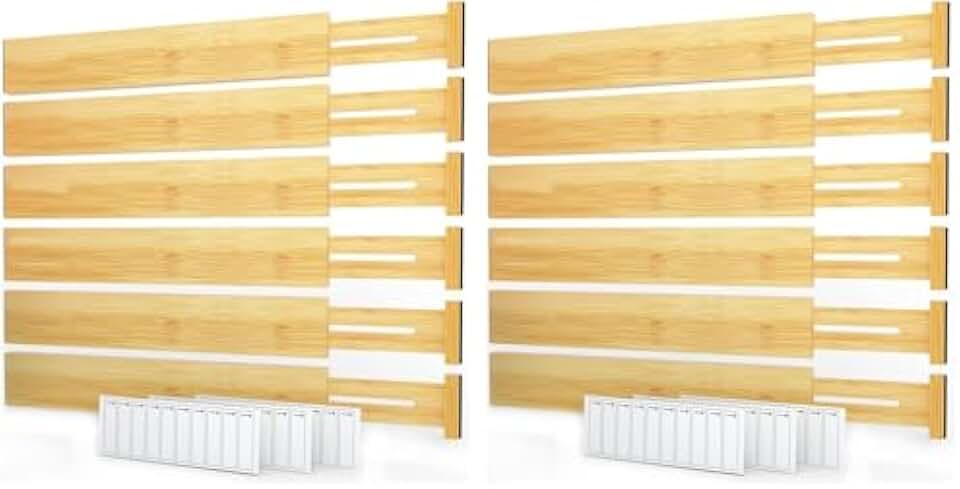 Bamboo Drawer Dividers with Labels, Kitchen Adjustable Drawer Organizers, Expandable Organization for Home, Office, Dressers and B