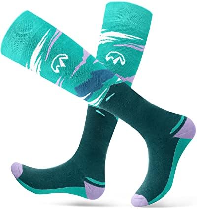 OutdoorMaster Ski Socks, 2-Pair Pack Skiing and Snowboarding Thermal Socks for Women with Over the Calf Design w/Non-Slip Cuff, Mountain Patterns - Forest Green, Medium