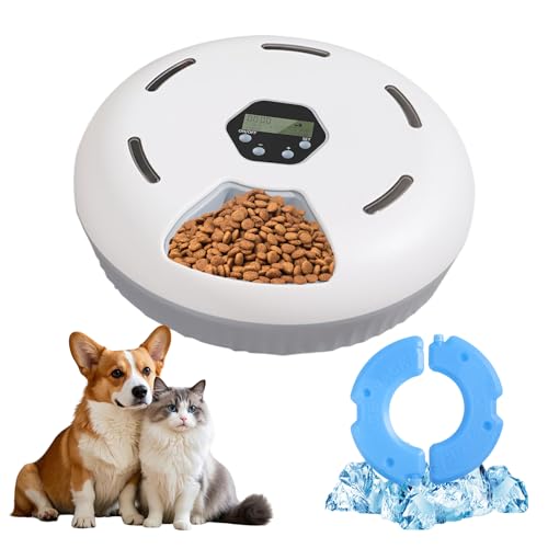 Distributore Automatico Cibo Gatti Umido, Dispenser Crocchette Gatto Timer, Mangiatoia Crocchette Gatto senza Fili, Erogatore 6 Pasti a Refrigerante, Dosatore per Piccola Cani a Batteria
