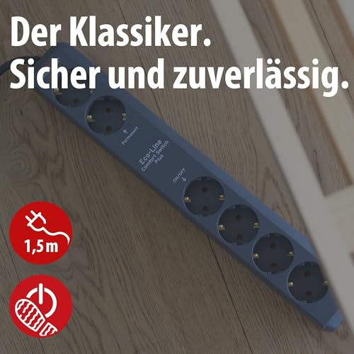 Brennenstuhl Eco-Line Comfort Switch Plus Steckdosenleiste 6-Fach (Mehrfachsteckdose mit 2 permanenten und 4 schaltbaren Steckdosen, beleuchteter Fu&szlig;schalter) anthrazit