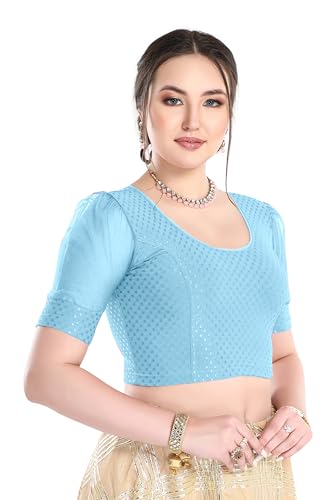Image of FINESTFIT Stay On Trend Fashion 100% Cotton Readymade Blouses for Women,Round Neckline with Organza Balloon Sleeves.