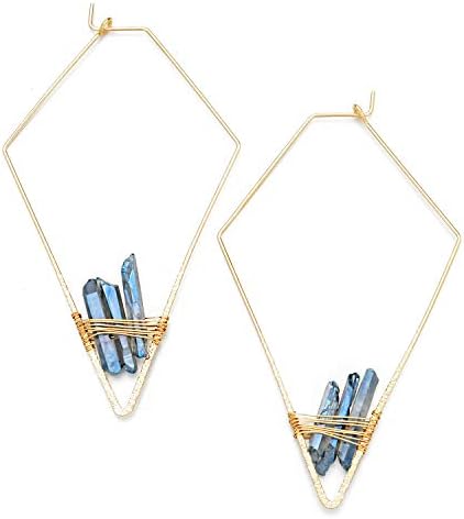 Large Geometric Triangle Blue Raw Quartz Crystals Hoops Dangle Earrings for Women Gold Rhombus Minimalistic Jewelry Cooper Wire Threader Drop Earring
