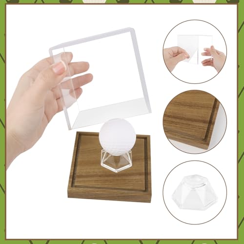 Image of Clear Acrylic Golf Ball Display Case with Wood Base & Acrylic Holder, Memorabilia Stand Cube Holder, Dust Protection Transparent Storage Box for Single Ball Souvenir Golfball Collections