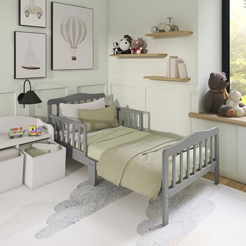 Image of Dream On Me Classic Design Toddler Bed, GREENGUARD Gold, Steel Grey | Slatterd Curved Design, Low to Floor Bed, 2 Safety Guard Rails, Sturdy Wooden Frame, 50 Lb Limit, BSA Verified