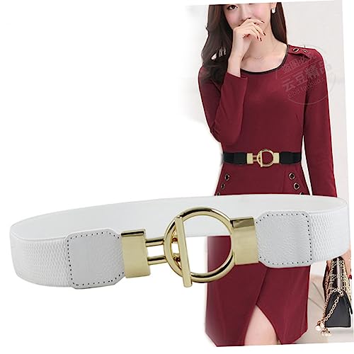 FRCOLOR 1Pc Women Wide Elastic Waist Cinch Belt Stylish PU Girdle with Golden Round Buckle for Fashionable Outfits White Accessory for Dresses Jeans and Trousers3