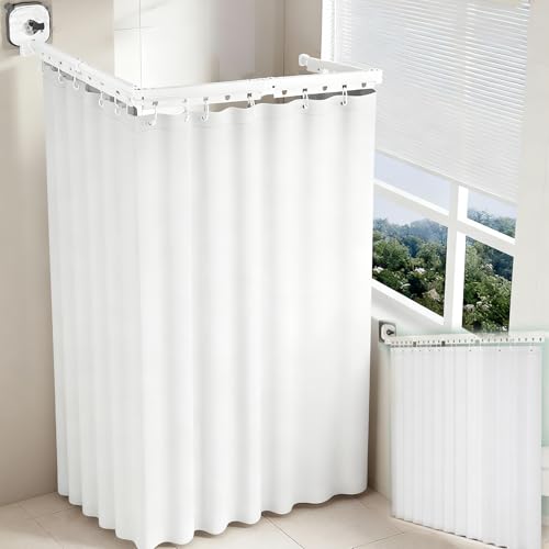 Barra De Cortina De Ducha Plegable, 5 Pliegues Barras Juego cortina de ducha Barras Con Ventosa 1,8 X 2,0M Impermeable Sin Taladros Barra De 197 Cm Forma L/U Escalera Recta (Blanco, 5 Pliegues)