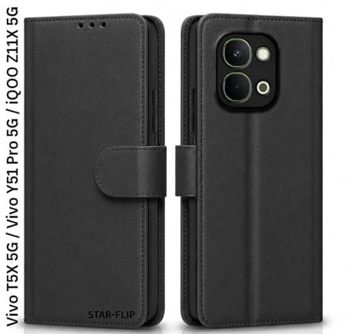 Image of Cover for Vivo T5x 5G / Y51 Pro 5G / iQOO Z11x 5G, Wallet Style, Leather Finish, Magnetic Closure, Inbuilt Stand, Card Pocket (Black)