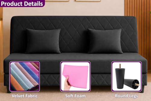 Image of Deco Studio 3 Seater Sofa Bed | Premium Upholstered Velvet Fabric Folding Couch for Living Room, Guest Room & Bedroom | Quilted Backrest with 2 Cushions (Black)