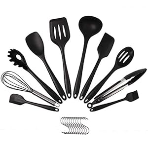 shumeifang Kitchen Tools, Cookware, Kitchen Utensils, 10-Piece Set, Cooking Tools, Utensils, Heat Resistant Silicone, Kitchen Tool Set, Turners, Ladle, Tongs, Spatula, Japanese Food Safety Certified, FDA Certified, Cooking, Confectionery Utensils, 10 S-Shaped Hooks Included (Black)